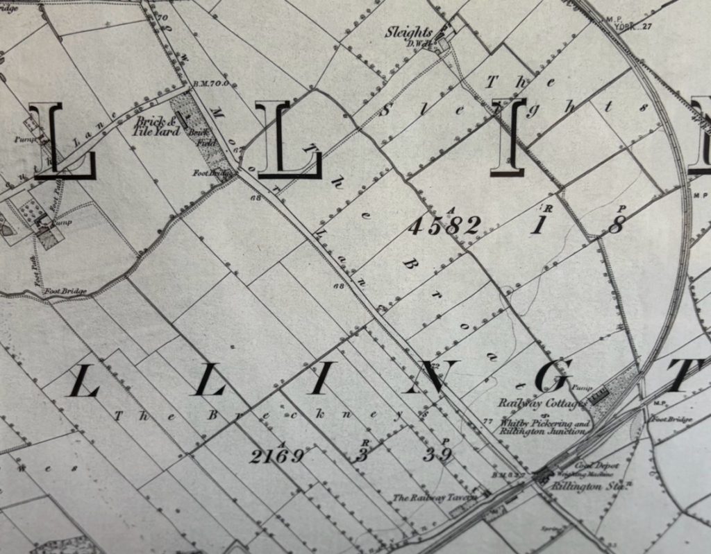 First edition Ordnance Survey map showing the Brick and Tile Yard and Brick Field at Low Moor, Rillington surveyed in 1850.