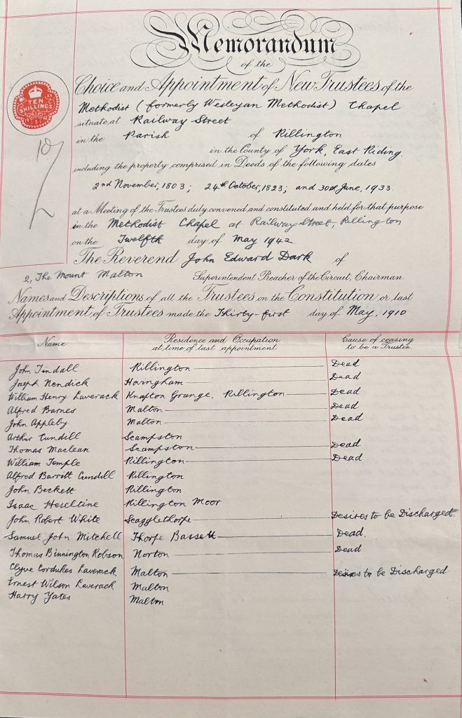 1942 Methodist Chapel trustee memorandum for Rillington, listing former trustees and the reasons some had ceased to act.