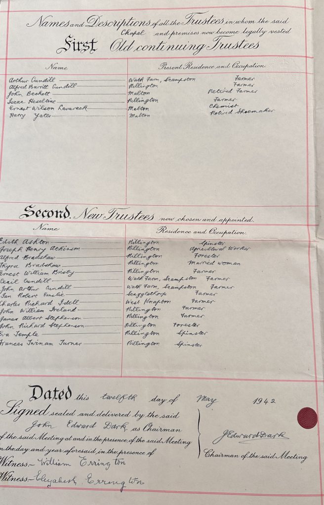 Second page of the 1942 Rillington Methodist Chapel trustee memorandum, listing continuing and newly appointed trustees with their residences and occupations.